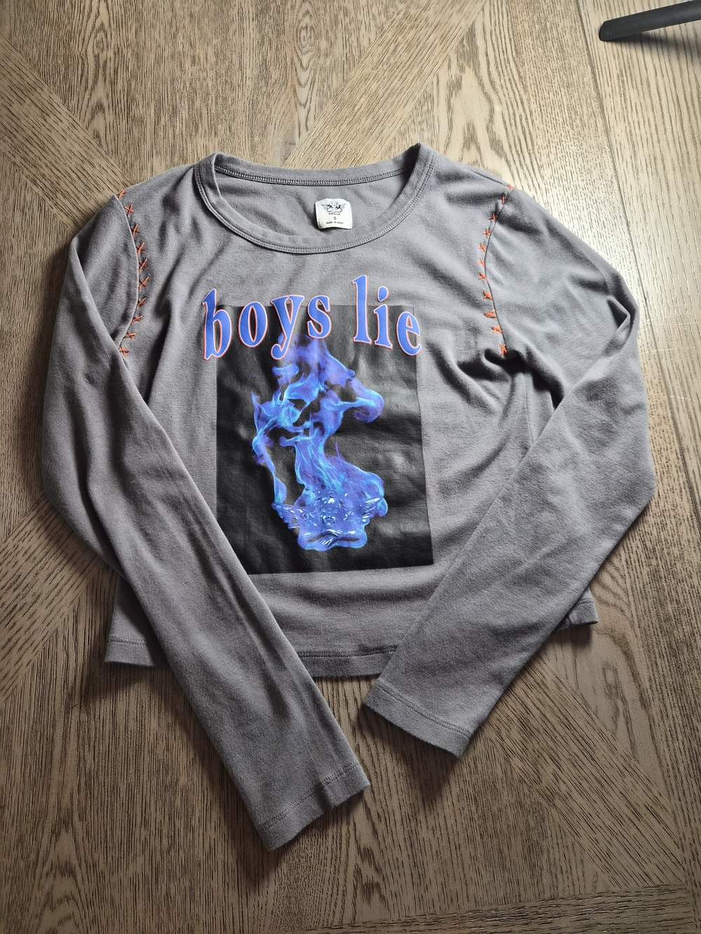 Boys Lie Gray Long-Sleeve Tee with Blue Flame Graphic